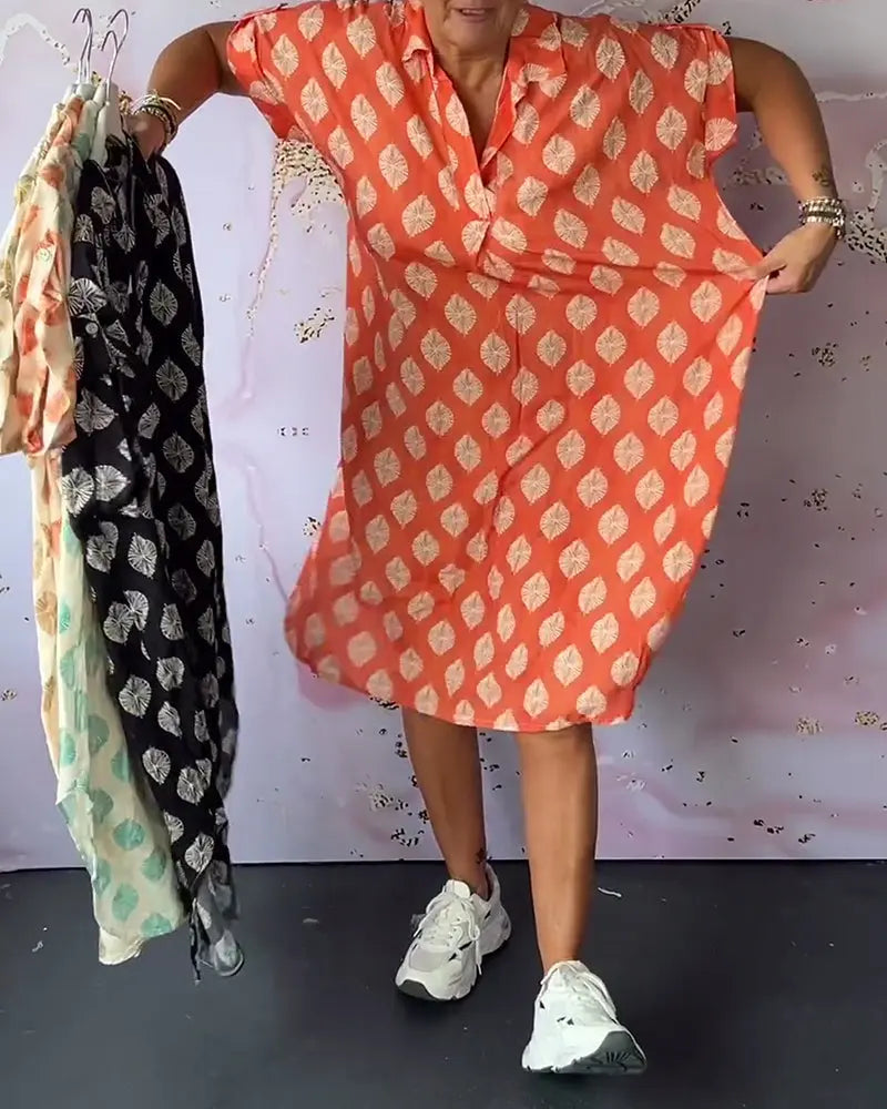 Liora™ | Robe Printanière Fluide avec Col Revers et Manches Courtes