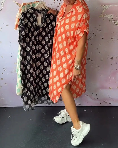 Liora™ | Robe Printanière Fluide avec Col Revers et Manches Courtes