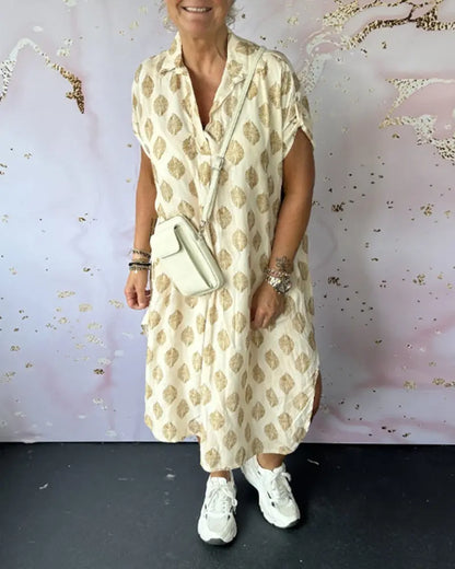 Liora™ | Robe Printanière Fluide avec Col Revers et Manches Courtes