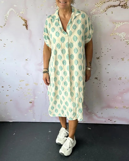 Liora™ | Robe Printanière Fluide avec Col Revers et Manches Courtes