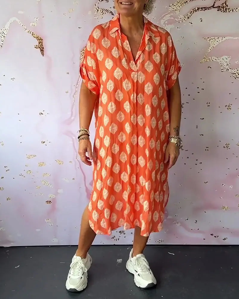 Liora™ | Robe Printanière Fluide avec Col Revers et Manches Courtes