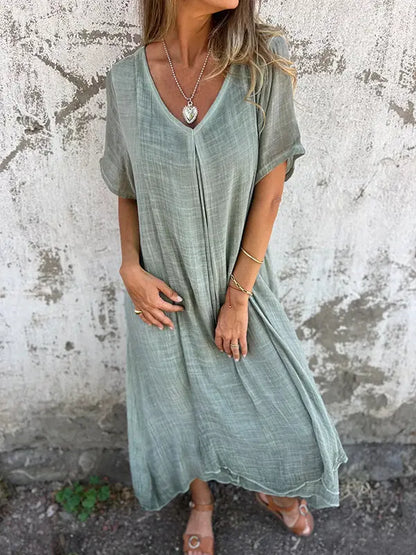 Naia™ | Robe Légère Col V en Coton & Lin