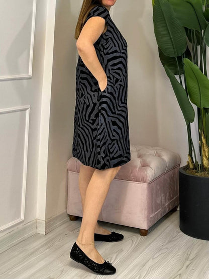 Zebra Print Crew Neck Midi Dress