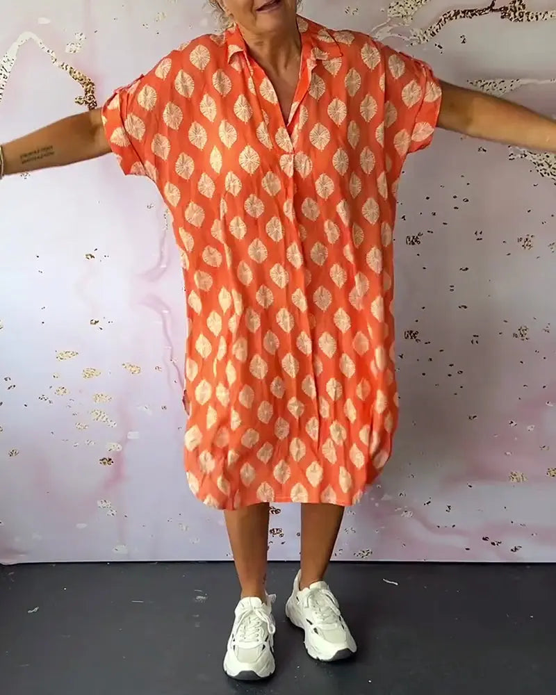 Liora™ | Robe Printanière Fluide avec Col Revers et Manches Courtes